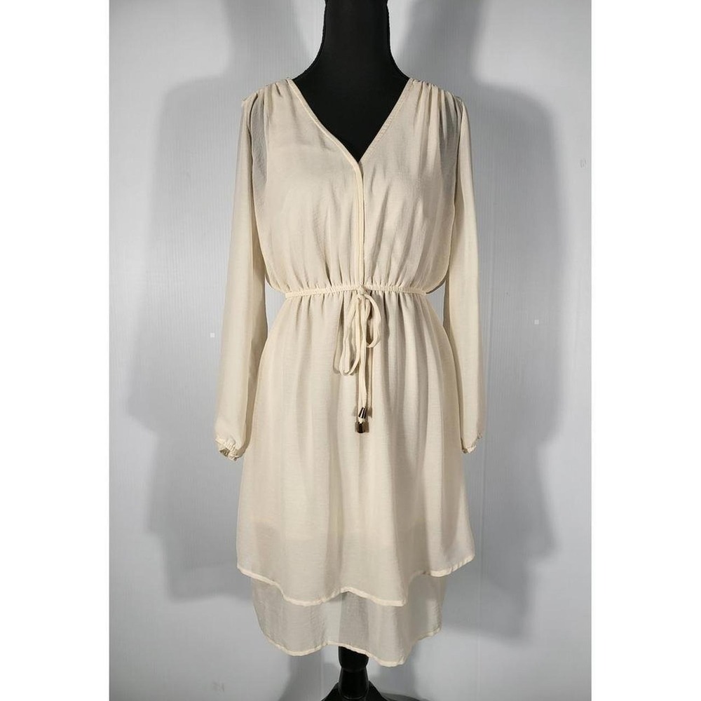 SOHO Apparel LTD.Long Sleeve Dress V-Neck Drawstring Waist Beige Dress Size S